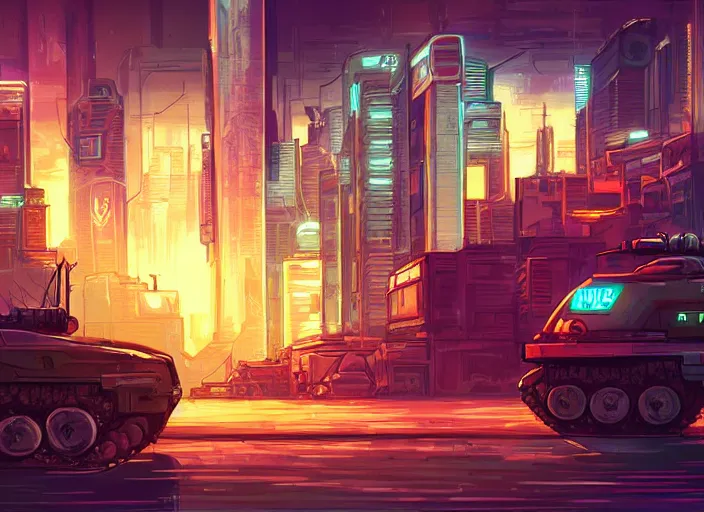 Image similar to A tank in a cyberpunk city, detailed, warm colours