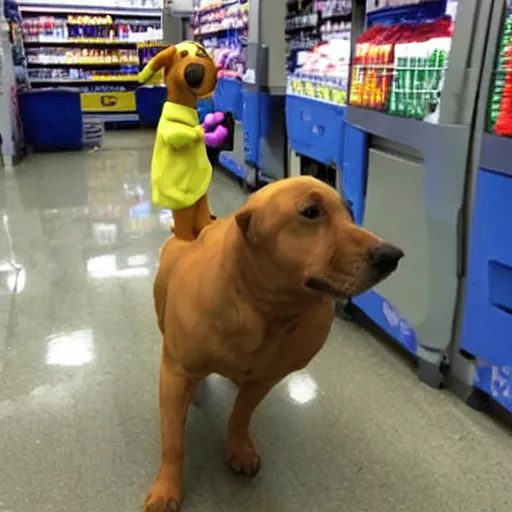 Image similar to drunken scooby at walmart checkout, realistic, cctv