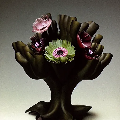 Image similar to earthy by maurice sendak, by dorothea tanning pitch black. a sculpture of a group of anemones in a vase