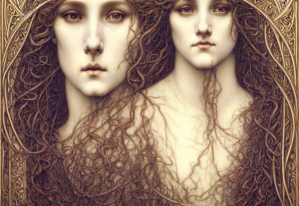 Image similar to detailed realistic beautiful young medieval queen face portrait by jean delville, gustave dore and marco mazzoni, art nouveau, symbolist, visionary, gothic, pre - raphaelite. horizontal symmetry