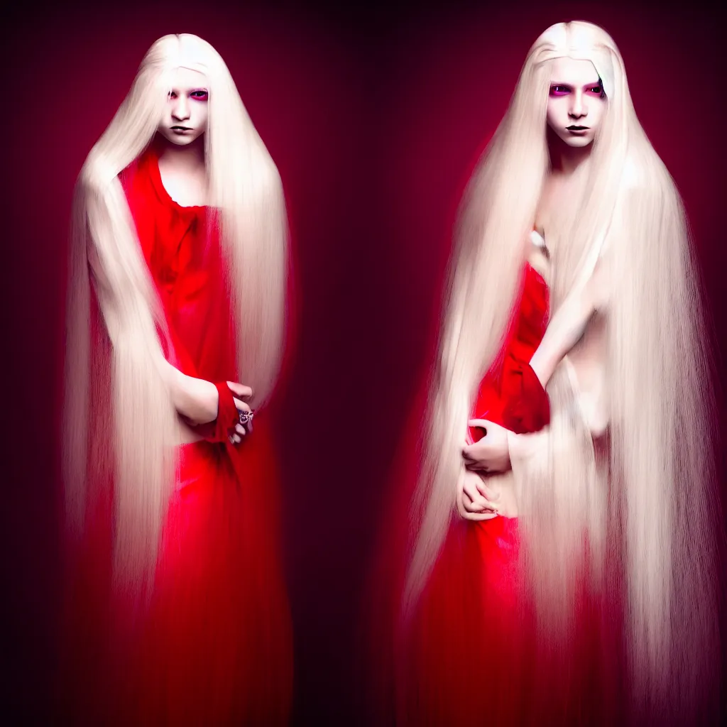 Image similar to a young woman with long blond hair dressed in long white, fine art photography light painting in style of Paolo Roversi, professional studio lighting, dark red background, hyper realistic photography, fashion magazine style