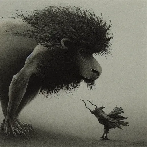 Image similar to a creature with the body and eyes of a man, with the beak of an eagle, the mane of a lion, and the horns of an ox. drawn by zdzislaw beksinski