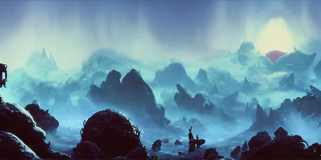 Image similar to ”rising from a round pool while being chased by tentacles, rugged alien planet with rocks, mountains in the background in a blue fog, side-view, [epic, cinematic, establishing shot, far, paul lehr, rutkowski]”