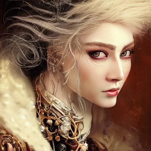 Image similar to portrait, headshot, insanely nice professional hair style, dramatic hair color, digital painting, of a old 17th century, old cyborg merchant, amber jewels, baroque, ornate clothing, scifi, realistic, hyperdetailed, chiaroscuro, concept art, art by Franz Hals and Jon Foster and Ayami Kojima and Amano and Karol Bak,