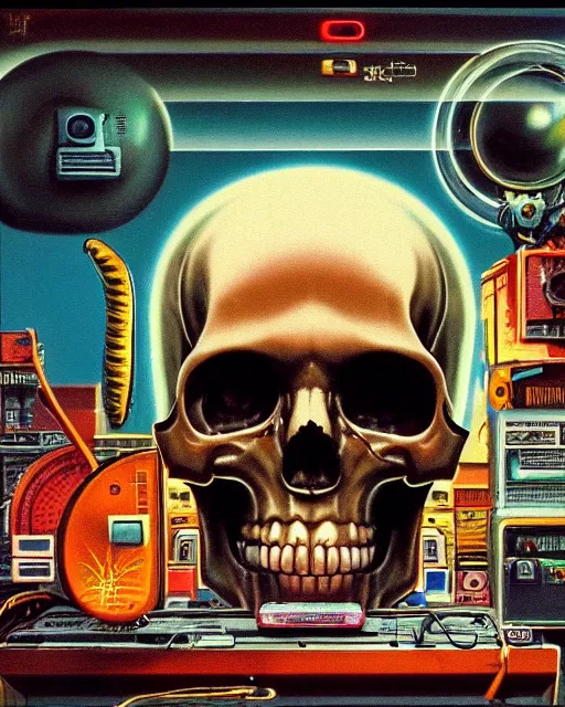 Image similar to a sacred skull observing 8 0 s era technology, vintage shapes, retro technology, vintage color, wayne barlow, oil on canvas, deep depth of field, masterpiece, cinematic composition, hyperdetailed