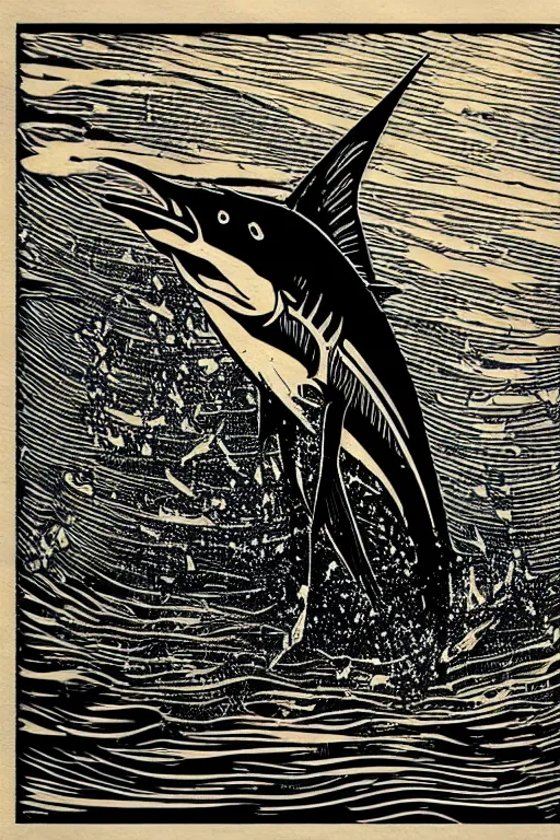 Prompt: a beautiful woodcut print of a marlin, 8 k, frostbite 3 engine, cryengine, dof, trending on artstation, digital art, crepuscular ray, art by roy l davies and tugboat printshop