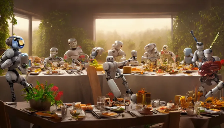 Image similar to a table dinner of robots where robots are dressed like the characters from the midsommar movie, cinematic, hyperdetailed, octane render, trending on art station, ultrarealistic