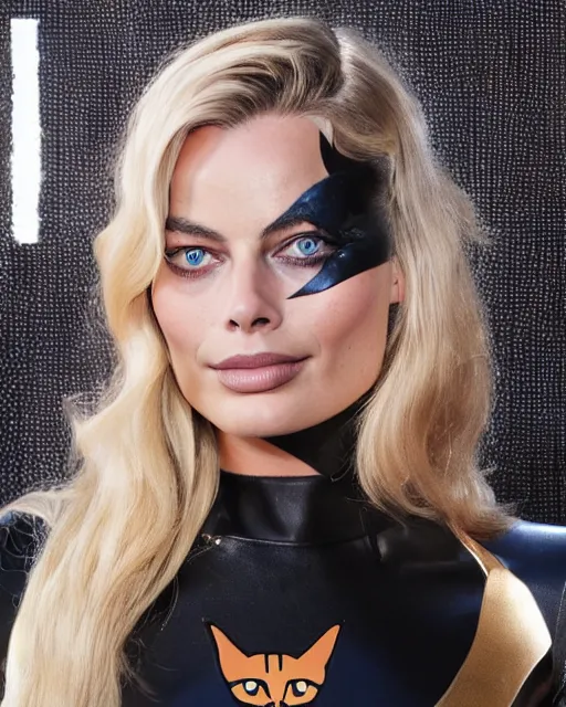 Image similar to portrait of margot robbie with a cat woman costume, full body shot, highly detailed, beautiful eyes, beautiful face, detailed face, cinematic, professional photograph