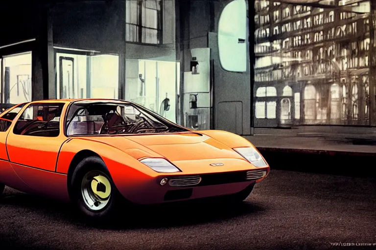 Prompt: designed by giorgetto giugiaro stylized poster of a single 1 9 5 9 miura citroen dm bmw m 1 ( ( mclaren f 1 ) ) delorean concept, thick neon lights, ektachrome photograph, volumetric lighting, f 8 aperture, cinematic eastman 5 3 8 4 film