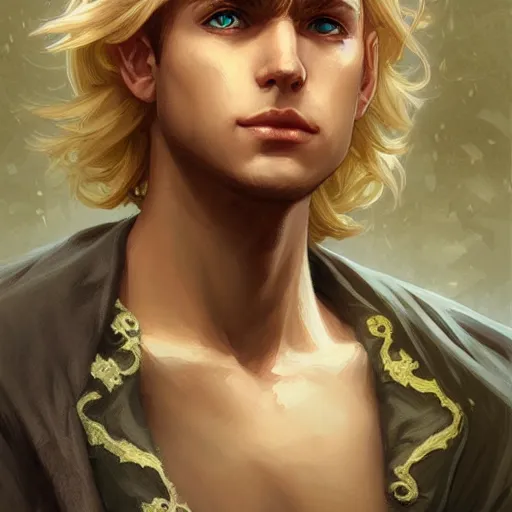 Image similar to an epic fantasy comic book style portrait painting of a young over confident blonde boy wearing plain thief clothes, d & d, fantasy, intricate, elegant, highly detailed, digital painting, artstation, concept art, matte, sharp focus, illustration, art by artgerm and greg rutkowski and alphonse mucha