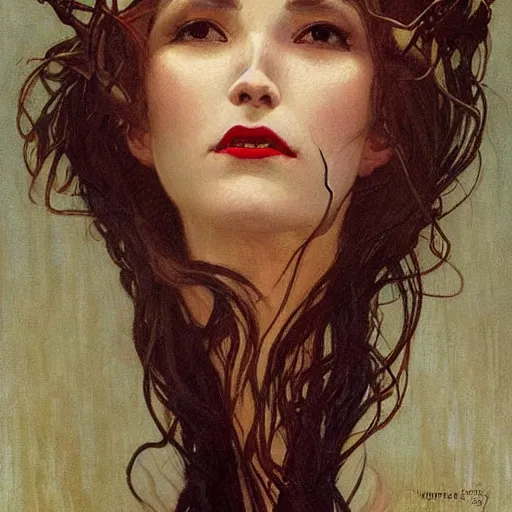 Prompt: portrait of a menacing beautiful vampire, face only, closed mouth, eyes half closed, by Stanley Artgerm Lau , greg rutkowski, thomas kindkade, alphonse mucha, loish, norman rockwell, J. C. Leyendecker. hair waving in the wind, pale skin, sinister complexion, thorn crown, imagine bordered by thorns. D&D, fantasy. Trending on artstation rule of thirds extremely detailed illustration hd 4k