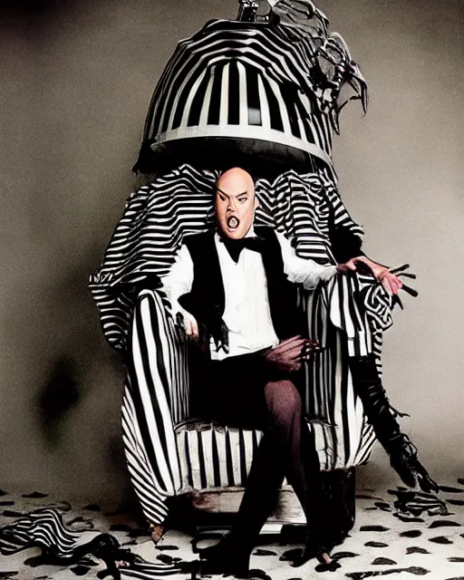 Image similar to photoshoot of michael keaton as beetlejuice, in the style of tim burton, photos by annie leibovitz