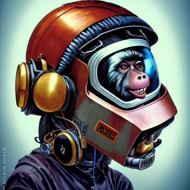 Image similar to a portrait of an anthropomorphic cyberpunk baboon in a crash helmet by sandra chevrier, detailed render, tape deck, boombox, headphones, epic composition, cybernetics, 4 k realistic, cryengine, realistic shaded lighting, sharp focus, masterpiece, by matteo scalera, gary montalbano, peter elson in the style of the tokyo ghost comic