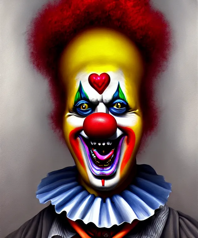 Prompt: a portrait painting of a clown, polycount, surrealism, surrealist, lovecraftian, cosmic horror, high detail