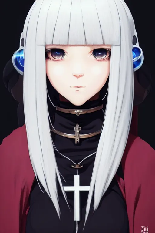 Image similar to portrait Anime cyborg girl in nun clothes, holy church Warhammer 40000, cute-fine-face, white-hair pretty face, realistic shaded Perfect face, fine details. Anime. realistic shaded lighting by Ilya Kuvshinov katsuhiro otomo ghost-in-the-shell, magali villeneuve, artgerm, rutkowski, WLOP Jeremy Lipkin and Giuseppe Dangelico Pino and Michael Garmash and Rob Rey