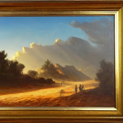 Image similar to oil painting of american landscape, western town, dusty street, sunrays, dramatic, very very very beautiful nature art, romanticism