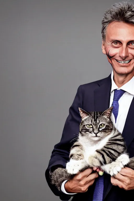 Image similar to Mauricio Macri with an angry cat in his hand in Elaborate Joker Makeup and prosthetics designed by Rick Baker, Hyperreal, Head Shots Photographed in the Style of Annie Leibovitz, Studio Lighting