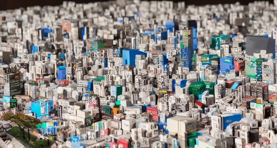 Image similar to Tokyo skyline made entirely of cardboard boxes, nintendo labo, miniature diorama, macro photography