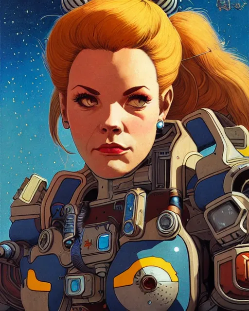 Image similar to brigitte from overwatch, character portrait, portrait, close up, concept art, intricate details, highly detailed, vintage sci - fi poster, retro future, in the style of chris foss, rodger dean, moebius, michael whelan, and gustave dore