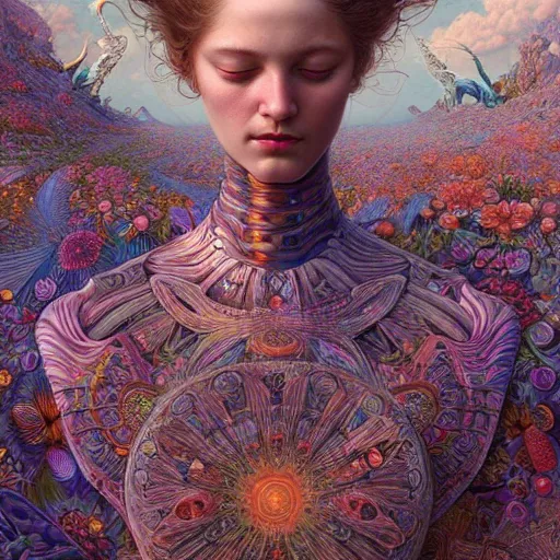 Prompt: hyper detailed masterpiece, floral pattern, jean giraud, digital art painting, matte painting, beautiful, psychedelic, artgerm, donato giancola, tom bagshaw