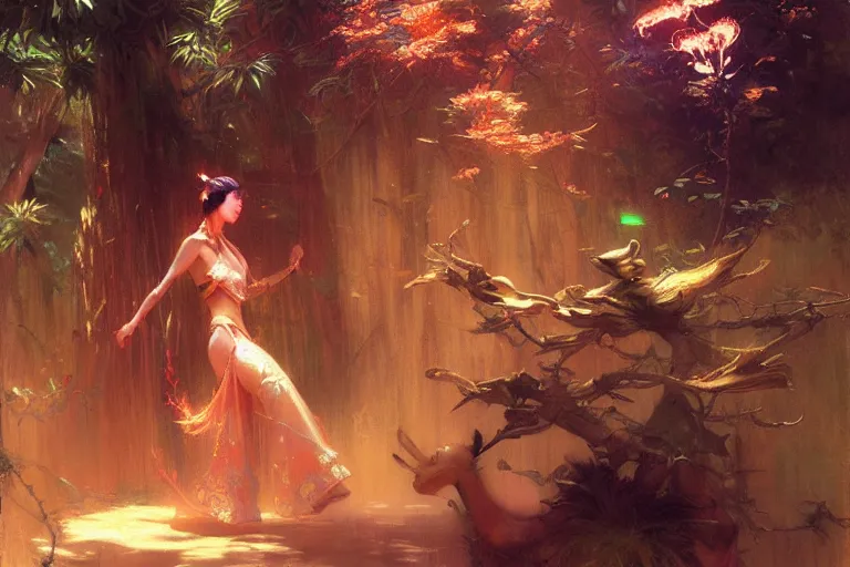 Image similar to wuxia, forest, neon light, painting by gaston bussiere, craig mullins, j. c. leyendecker