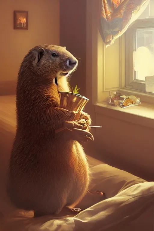 Prompt: groundhog smoking pot in a bed, realistic portrait, highly detailed, digital painting, artstation, concept art, smooth, sharp focus, illustration, cinematic lighting, art by artgerm and greg rutkowski and alphonse mucha