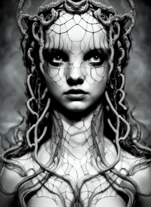 Image similar to surreal mythical dreamy dark artistic black and white fine art photo of a beautiful young female angel - medusa - mermaid - cyborg covered with translucent algae, highly detailed, lace web, rim light, cinematic, studio dramatic light, poetic, octane render, 8 k, photo - realistic, by floria sigismondi