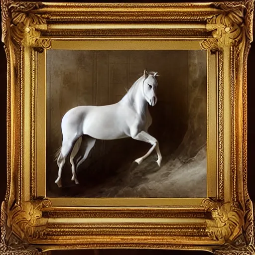 Image similar to an all white horse, with no facial features, like a white mask pulled over their face, full body laying in a blood red pool of water between a golden mirror frame, inspired by the bohemian grove sacrifice ritual and outside the mirror frame is a deep space, physically accurate, dynamic lighting, intricate, elegant, highly detailed, very very Roberto Ferri, sharp focus, very very unsettling, very terrifying, illustration, art