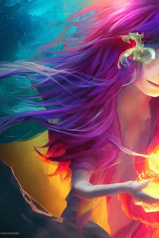 Image similar to girl sorcerer with colorful hair, learning use magic. radiating colorful energy. photorealistic, magical atmosphere,, holographic undertones, highly saturated colors, by kan liu, andreas rocha, guillaume tholly, gthl. art, makoto shinkai, genshin impact, studio ghibli. trending on artstation. award winning, daily deivation