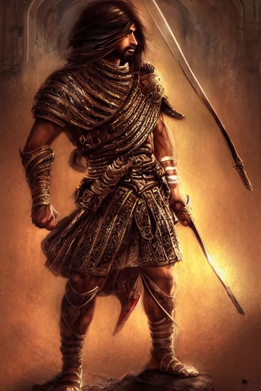 Image similar to portrait of a Persian Prince fighting at war, warrior, brutal battle, handsome prince of persia, attractive young man, heroic pose, persian style architecture, dramatic lighting, dark and horror, action and tragedy, dust and blood, intricate, wild, highly detailed, digital painting, artstation, concept art, smooth, sharp focus, illustration, art by artgerm and greg rutkowski and alphonse mucha, footage from space camera