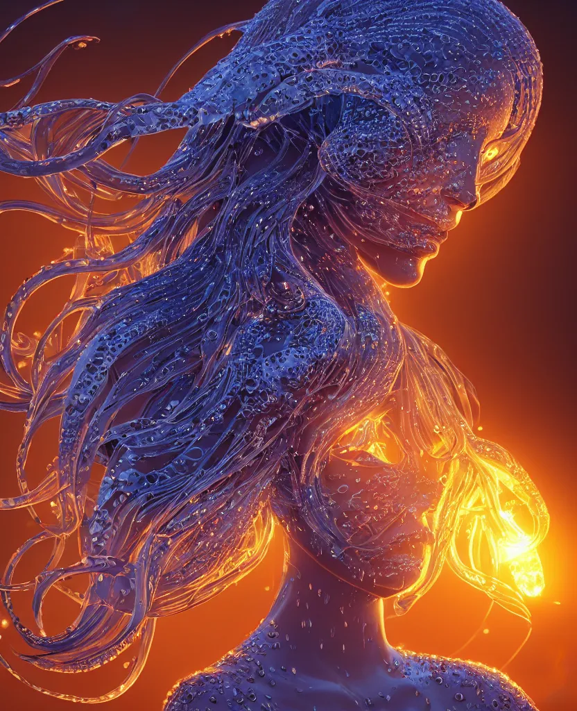 Image similar to close-up macro portrait of the face of a beautiful princess, epic angle and pose, symmetrical artwork, 3d with depth of field, blurred background, cybernetic jellyfish female face skull phoenix bird, translucent, nautilus, energy flows of water and fire. a highly detailed epic cinematic concept art CG render. made in Maya, Blender and Photoshop, octane render, excellent composition, cinematic dystopian brutalist atmosphere, dynamic dramatic cinematic lighting, aesthetic, very inspirational, arthouse. y Greg Rutkowski, Ilya Kuvshinov, WLOP, Stanley Artgerm Lau, Ruan Jia and Fenghua Zhong