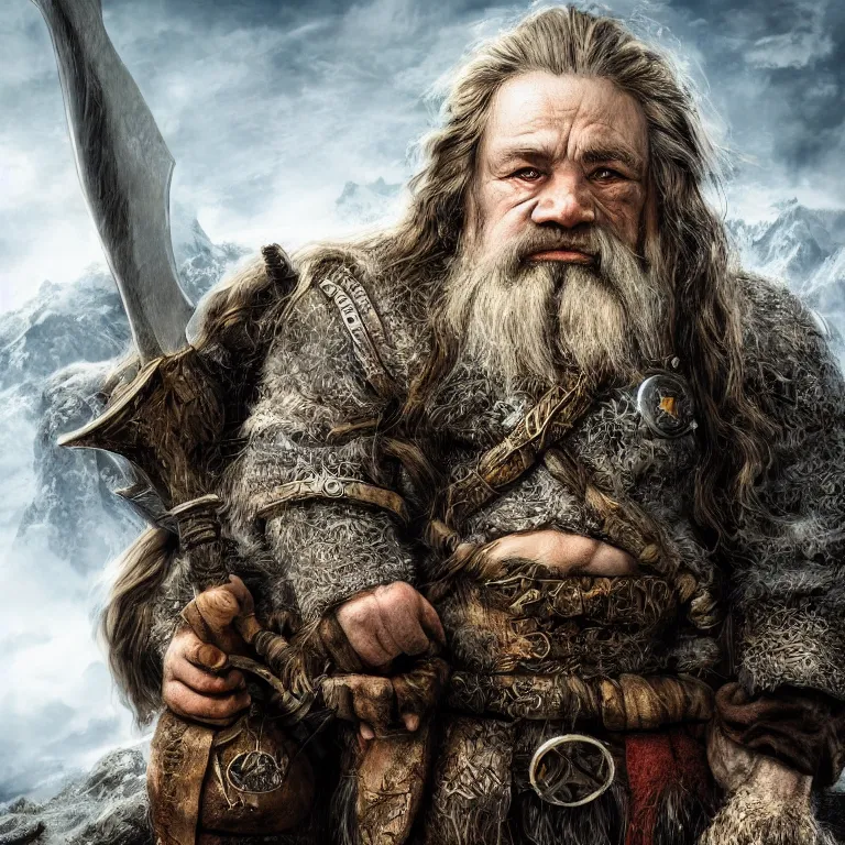 Image similar to dwarf warrior in mountains, lord of the rings style, poster, character portrait, portrait, close up, concept art, intricate details, highly detailed, full body, 8 k