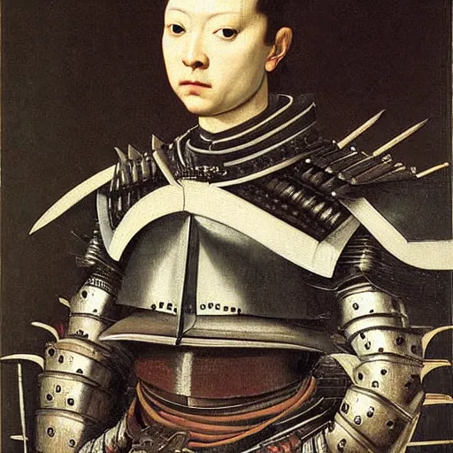 Prompt: a renaissance style portrait of a full armored samurai by Caravaggio, oil painting, thick brush strokes, loose details