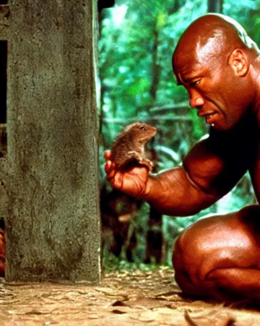 Image similar to film still close - up shot of dwayne johnson as john coffey petting a mouse in the movie the green mile. photographic, photography