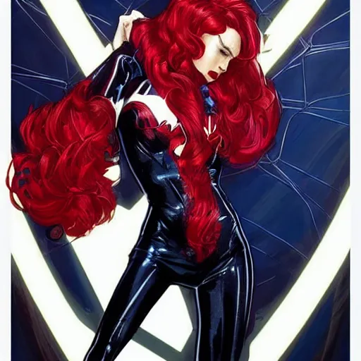 Prompt: catwoman in the style of spiderman, spiderman patterns, red and blue, long red wavy red hair by artgerm and greg rutkowski and alphonse mucha