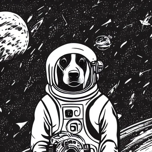 Image similar to mcbess illustration of a dog in a spacesuit In space , cinematic, hyper realistic, photo realistic, 4k, galaxies