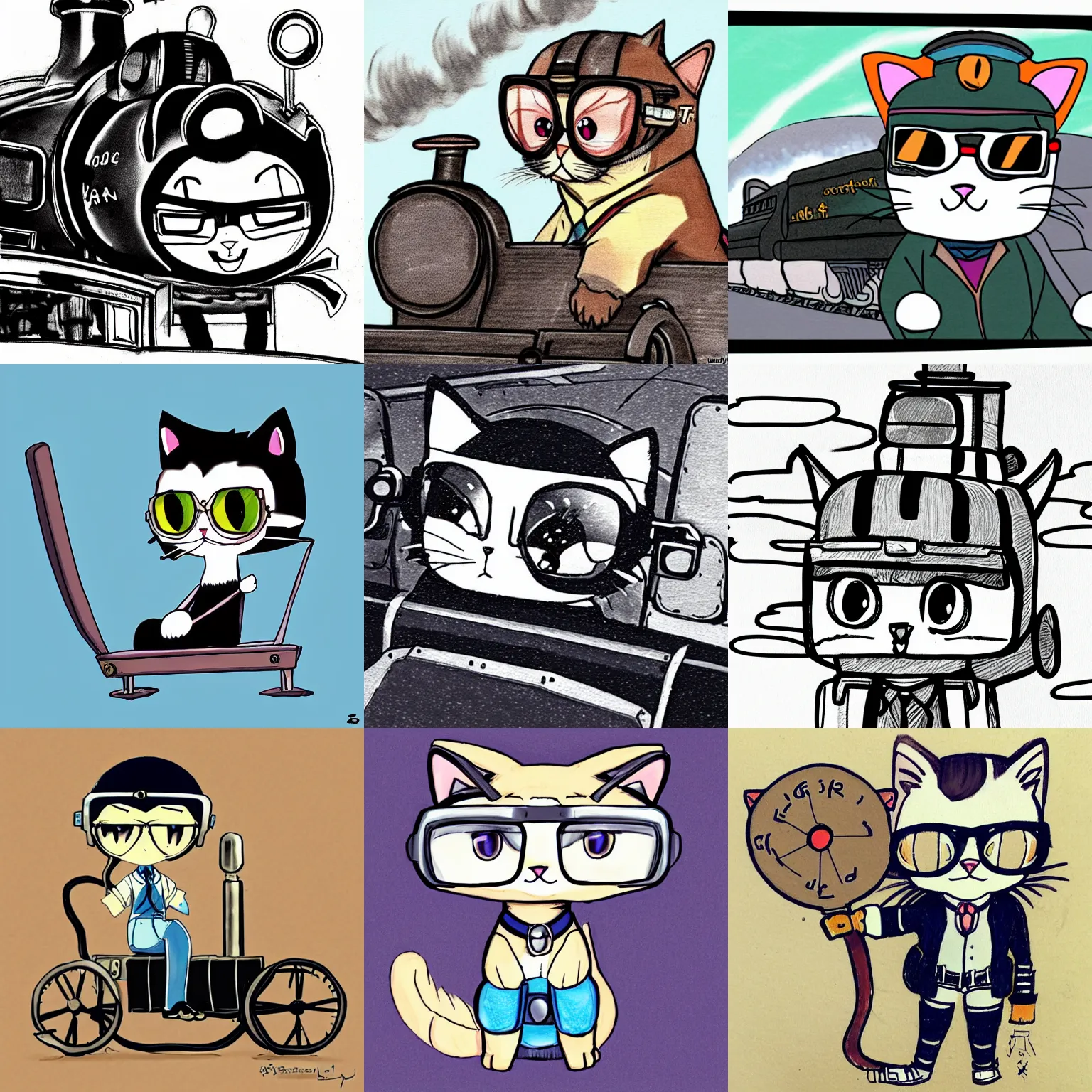 Prompt: anime doodle of a chibi cat with aviator glasses as a driver of a steam locomotive