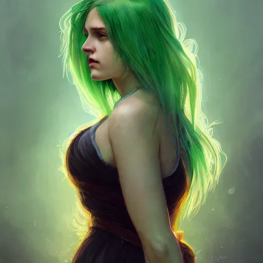 Prompt: character portrait Painting of a woman with dyed green hair, upper body, urban fantasy lighting, intricate, wild, highly detailed, digital painting, artstation, concept art, smooth, sharp focus, illustration, art by artgerm and greg rutkowski and alphonse mucha