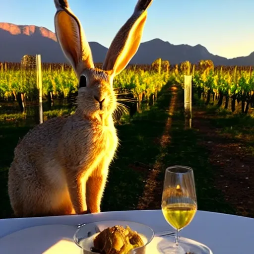 Prompt: A desert hare next to a glass of white wine, backlit, golden hour, vineyards and mountains in background