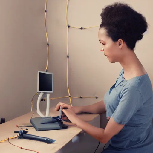 Prompt: woman building electrical wiring on desk, soft lighting, matte painting, curly hair