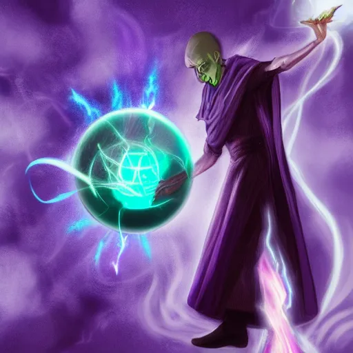 Prompt: a warlock is casting a magic spell, while magic orb is floating in his hand, the magic orb emit a purple vapour, dynamic pose, chromatic aberration , medium level shot, Mucha style , Grim fantasy, illustration ,digital painting, concept art,