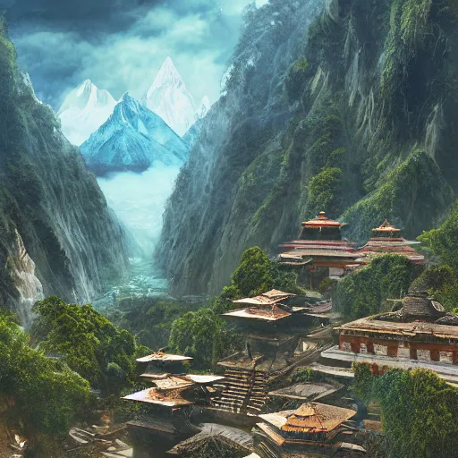 Prompt: a beautiful and highly detailed digital art of nepal in science fiction movie, detailed high buildings and rockets, forgotten valley, nepali architecture buildings, flying spaceships, swirling mist, lush forests, intricate details, epic scale, insanely complex, 8 k, sharp focus, hyper realism, fantasy landscape, psychedelic, by caspar friedrich,