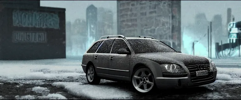 Image similar to Audi A4 B6 Avant (2002), a gritty neo-noir, dramatic lighting, cinematic, eerie person, death, homicide, homicide in the snow, viscera splattered, gunshots, bullet holes, establishing shot, extremely high detail, cracked windows, photorealistic, arson, burning city, cinematic lighting, artstation, by simon stalenhag, Max Payne (PC) (2001) winter New York at night, In the style of Max Payne 1 graphic novel, flashing lights, Poets of the Fall - Late Goodbye