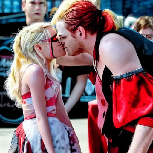 Image similar to margot robbie as harley quinn kisses a young fan
