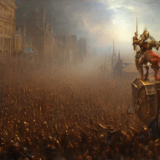 Image similar to artstation concept of a man in armor standing in a crowd gettig cheered, man with arms wide open, bright colorful, gold, hyperdetailed, artstation trending, world renowned artists, worth 1 0 0 0. com, historic artworks society, antique renewel, cgsociety, by greg rutkowski, by gustave dore, deviantart