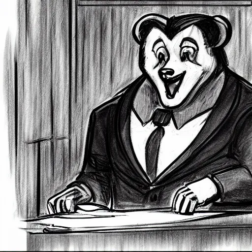 Image similar to detailed background courtroom sketch of vintage disney character bear the gambler presenting evidence of copyright infringement to the judge bench court room wooden serious dark tone