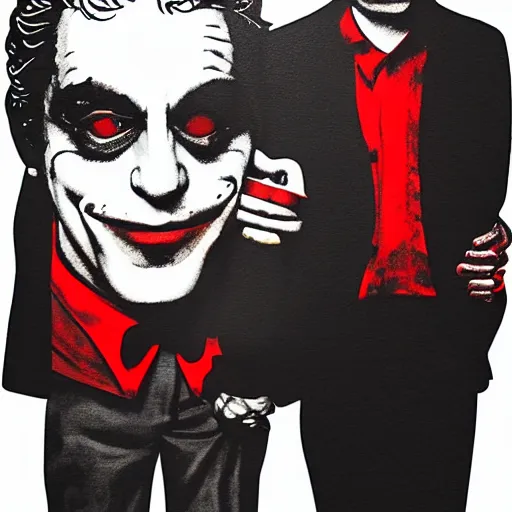 Image similar to mimmo rottela and banksy as joaquin phoenix skinny joker holding hand lady gaga harley queen, photorealistic, intricate details, pop art style, concept art, details proportional, random object movement, 3 colors, 4 k, 4 d, ultra smooth, sharp focus