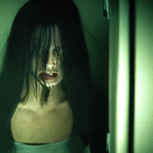 Prompt: the scene from The Ring where Samara Morgan crawls out of the TV, 35mm award winning photograph