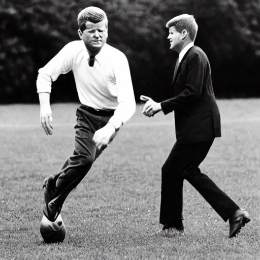 Prompt: photo of John Fitzgerald Kennedy playing football with his Secret Service agents