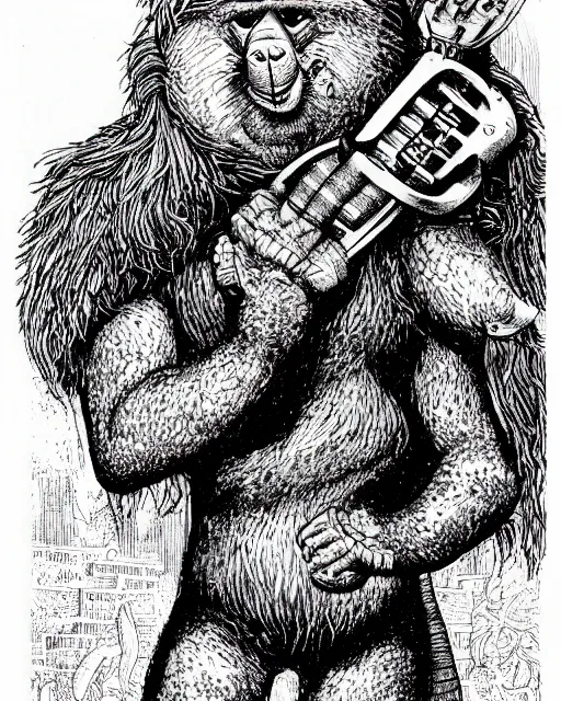 Prompt: an illustration of teddy ruxpin, full body, pen-and-ink illustration, etching, by Russ Nicholson, DAvid A Trampier, larry elmore, 1981, HQ scan, intricate details, Monster Manula, Fiend Folio